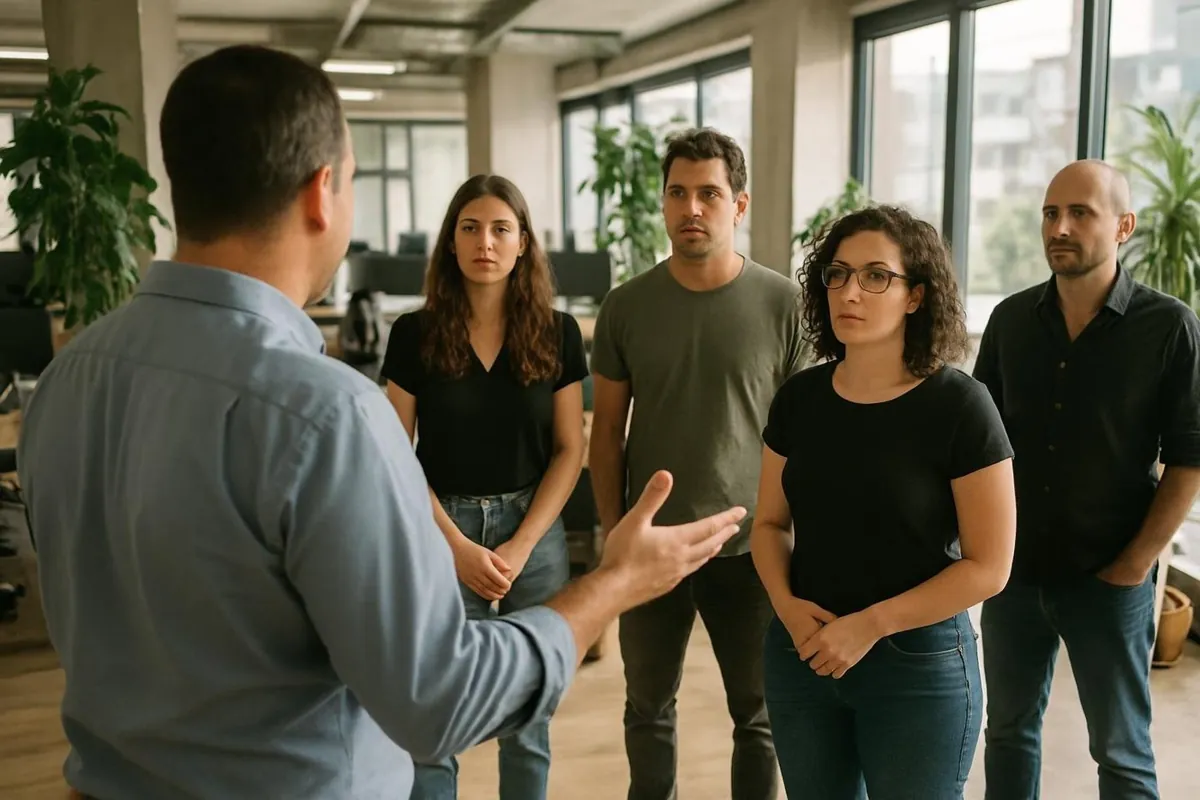 מנהל מוביל ישיבת צוות אחרי תהליך פיתוח מנהלים